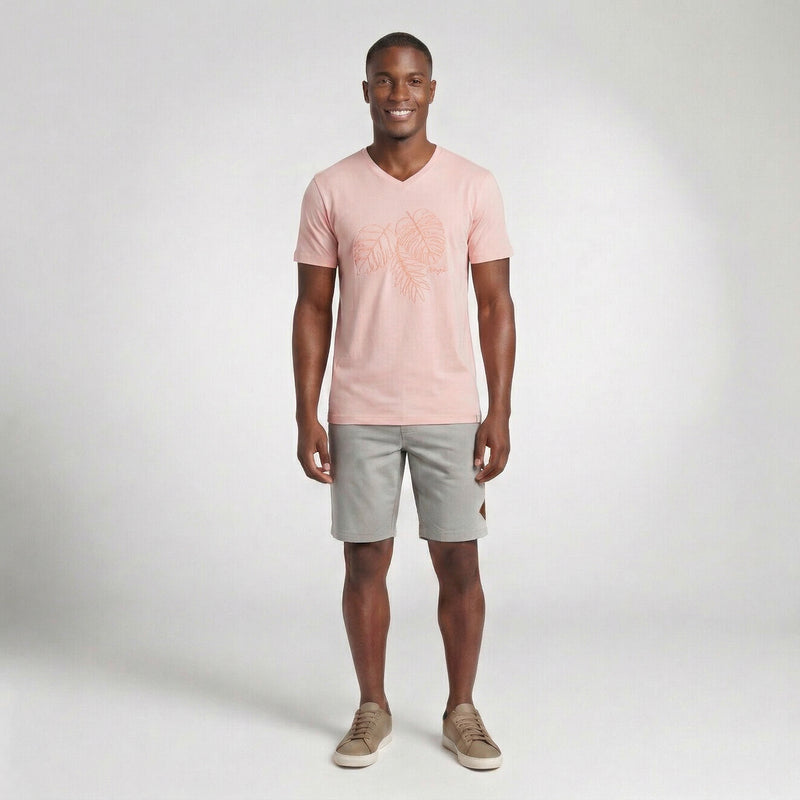 Camiseta Gola V Folhas Bordado