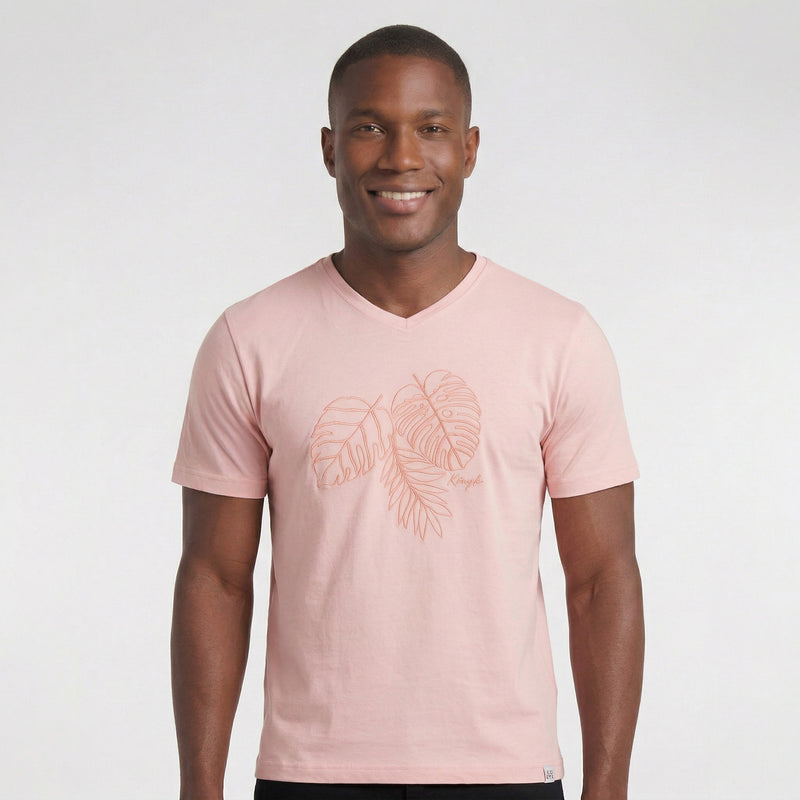 Camiseta Gola V Folhas Bordado