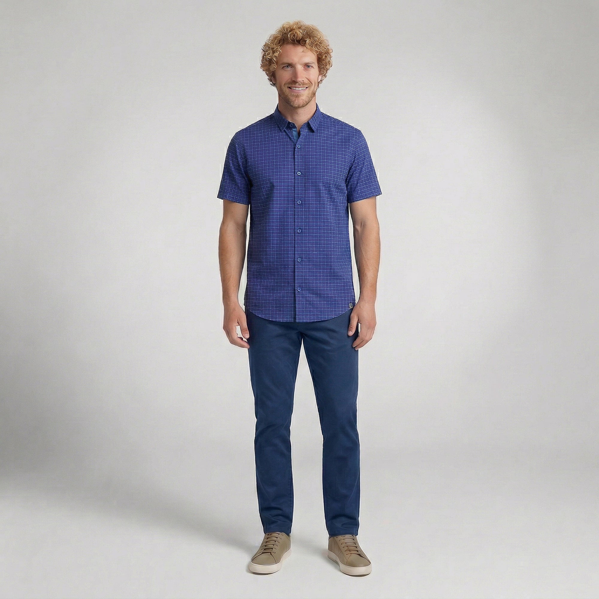 Camisa Social Masculina Manga Curta Xadrez Azul
