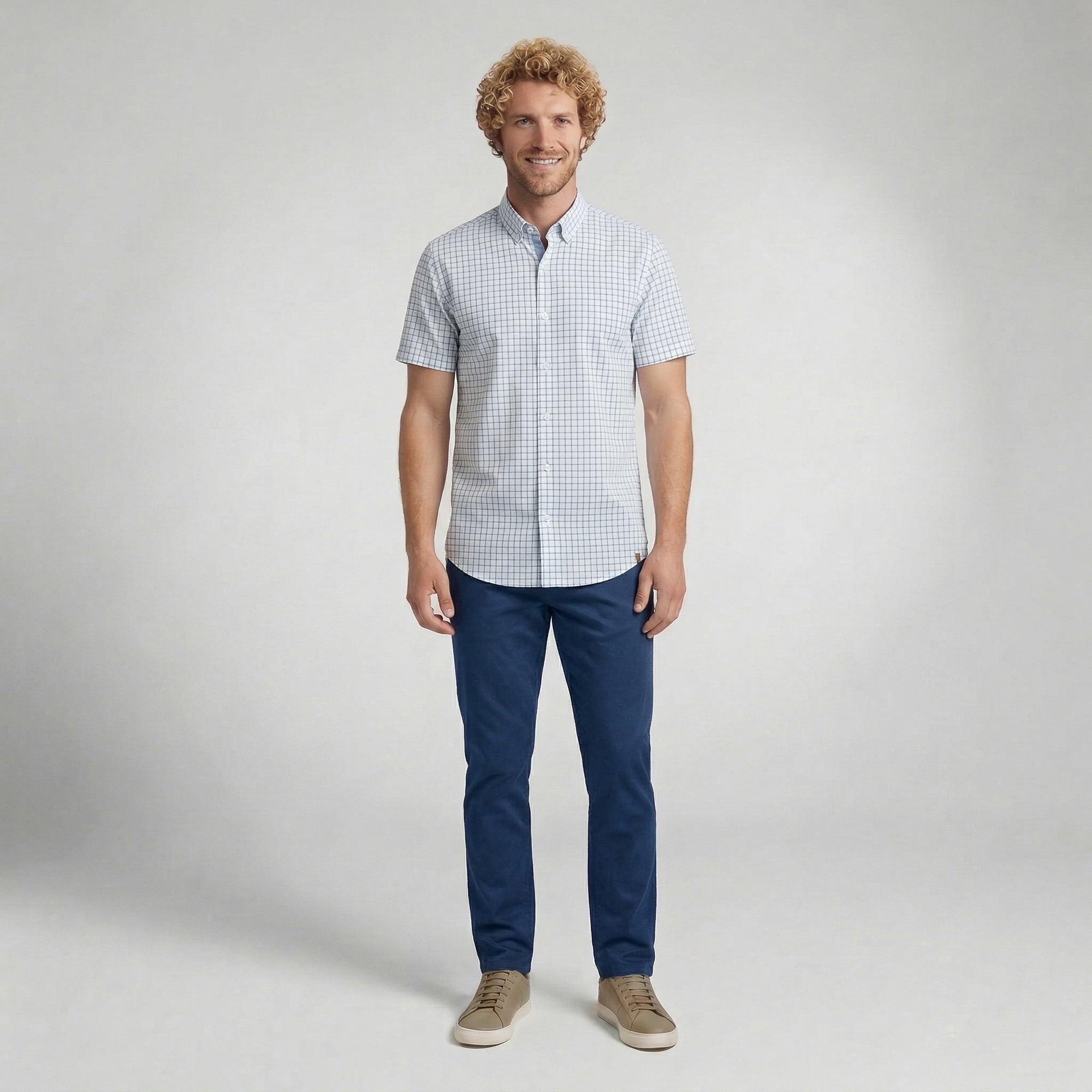 Camisa Social Masculina Manga Curta Xadrez Branca