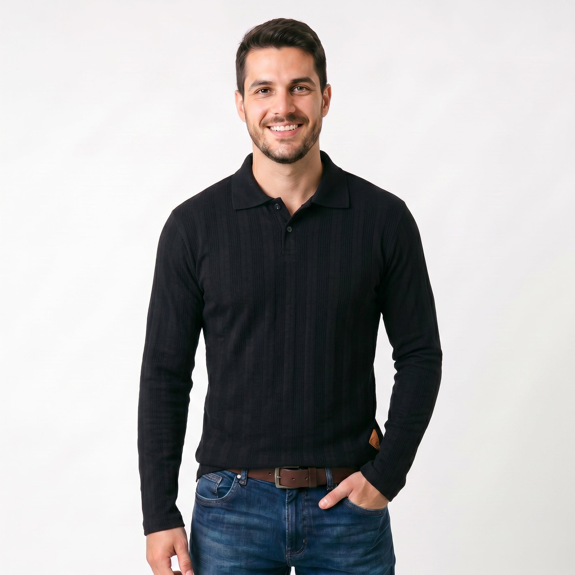 Camisa Polo Patô 2 Botões Manga Longa Texturizada