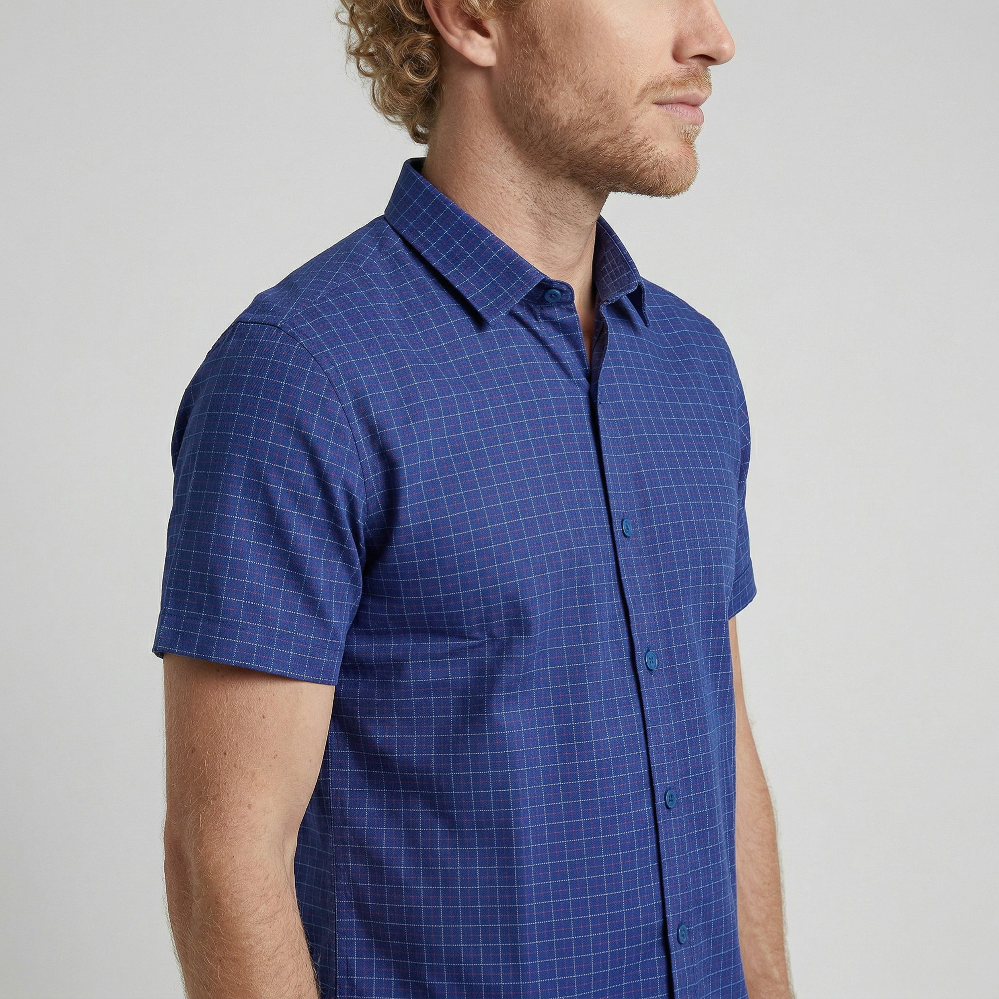 Camisa Social Masculina Manga Curta Xadrez Azul