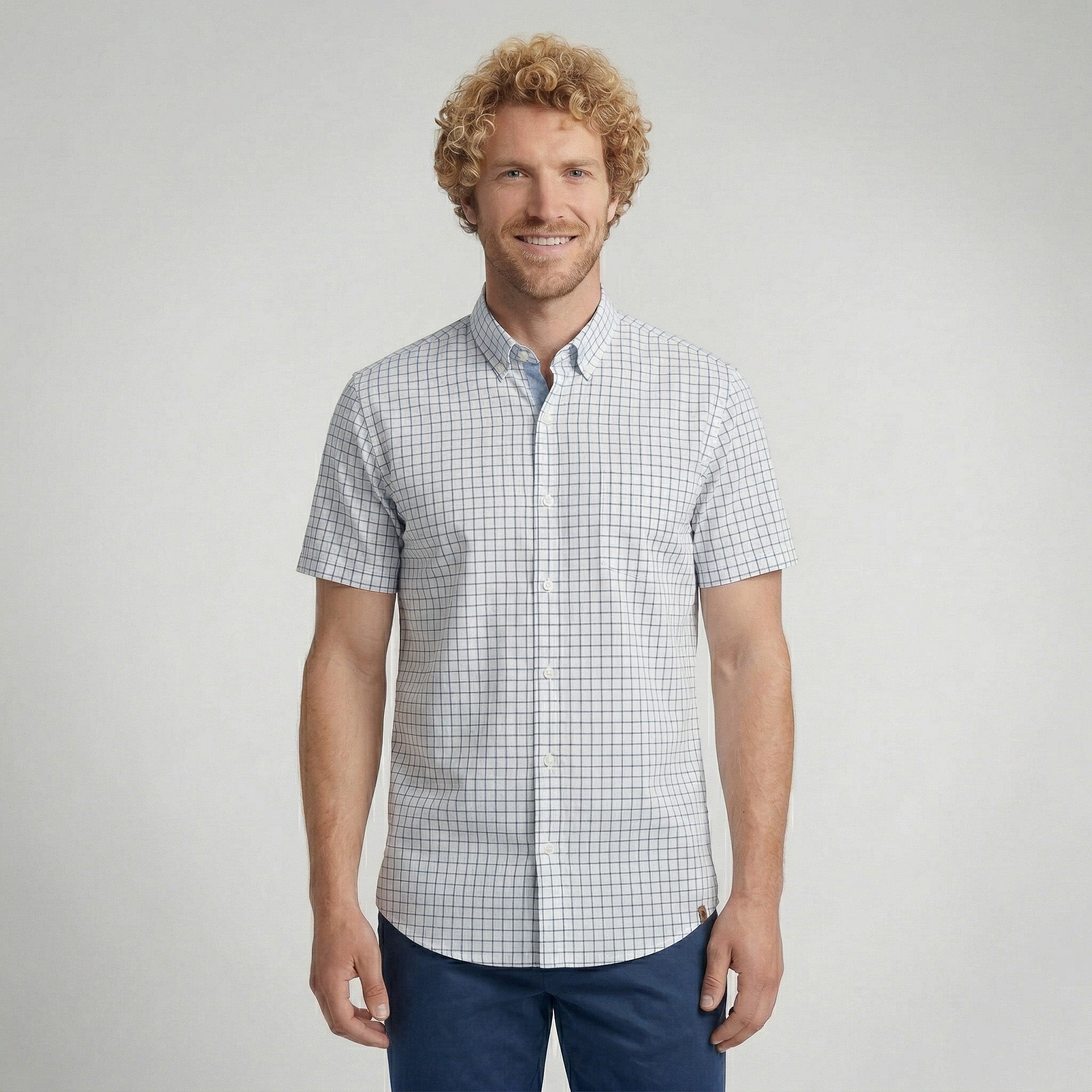 Camisa Social Masculina Manga Curta Xadrez Branca
