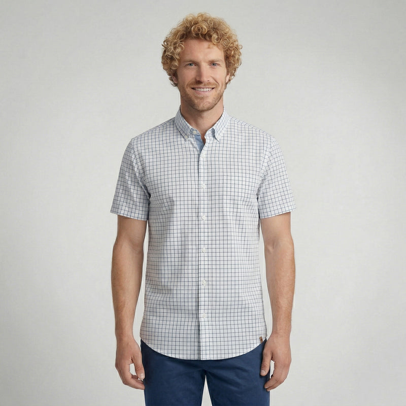 Camisa Social Masculina Manga Curta Xadrez Branca